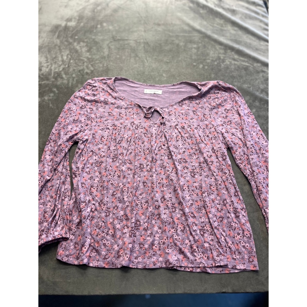 Lucky Brand Womens Purple Floral Slub Knit Keyhole Tie Top Long Sleeve Large